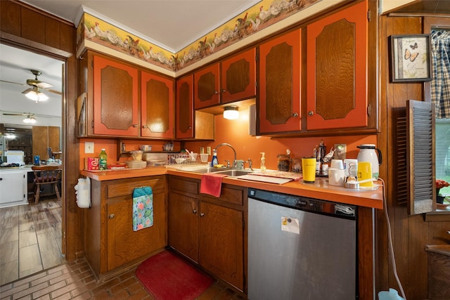 201 Sunset Dr, Fairfield, TX 75840 - kitchen featuring dishwasher, light countertops, a sink, ceiling fan, and brick patterned floors