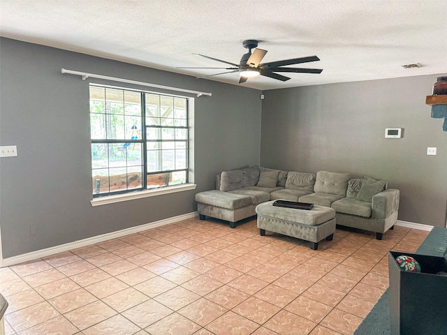 3836 Farm Road 196 N, Paris, TX 75462 - living room featuring ceiling fan, light tile patterned floors, and a textured ceiling