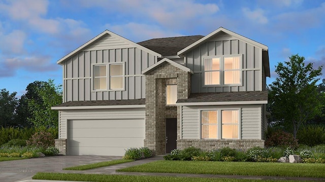 view of front of property with board and batten siding, concrete driveway, an attached garage, and a shingled roof