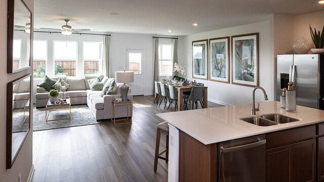 kitchen featuring a sink, stainless steel appliances, open floor plan, ceiling fan, and light countertops