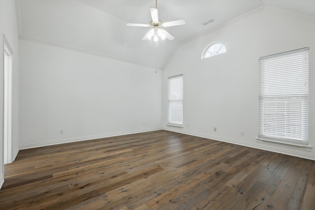 2413 Oak Brook Dr, Bedford, TX 76021 - empty room featuring vaulted ceiling, dark wood-style floors, a ceiling fan, baseboards, and ornamental molding