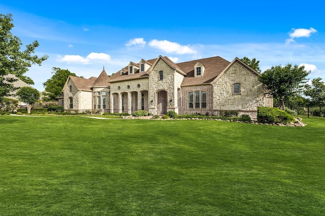 3001 Pecan Grove Ln, Celina, TX 75078 - french country style house with stone siding, a front yard, and brick siding