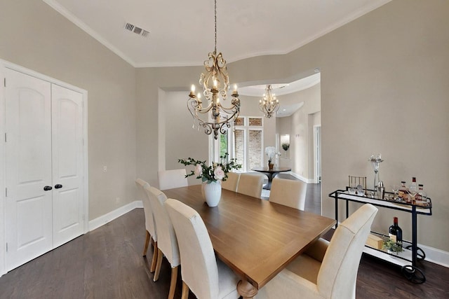 3001 Pecan Grove Ln, Celina, TX 75078 - dining area with a chandelier, dark wood finished floors, baseboards, and ornamental molding
