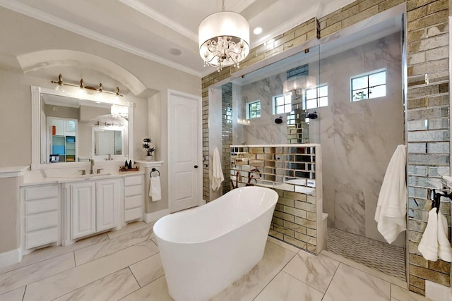 3001 Pecan Grove Ln, Celina, TX 75078 - bathroom with crown molding, a soaking tub, a walk in shower, a chandelier, and vanity