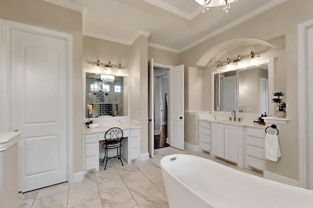 3001 Pecan Grove Ln, Celina, TX 75078 - full bathroom with a soaking tub, crown molding, vanity, and a chandelier