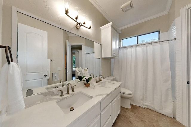 3001 Pecan Grove Ln, Celina, TX 75078 - bathroom featuring ornamental molding, toilet, double vanity, and a shower with curtain
