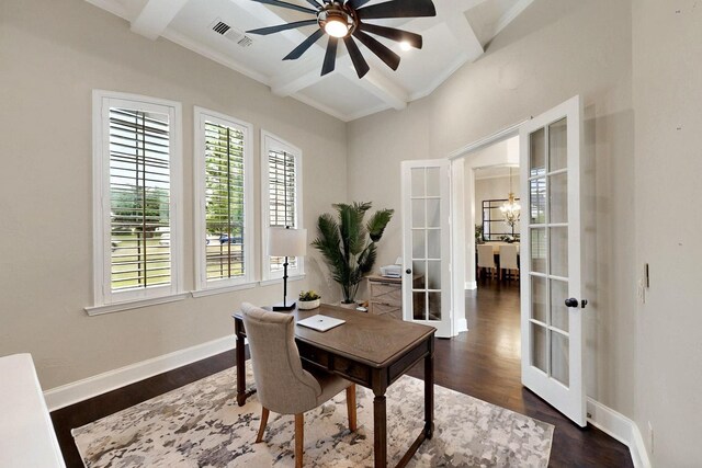 3001 Pecan Grove Ln, Celina, TX 75078 - office area featuring french doors, ceiling fan, beamed ceiling, dark wood-type flooring, and baseboards
