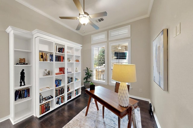 3001 Pecan Grove Ln, Celina, TX 75078 - office space featuring ceiling fan, dark wood-type flooring, baseboards, and crown molding