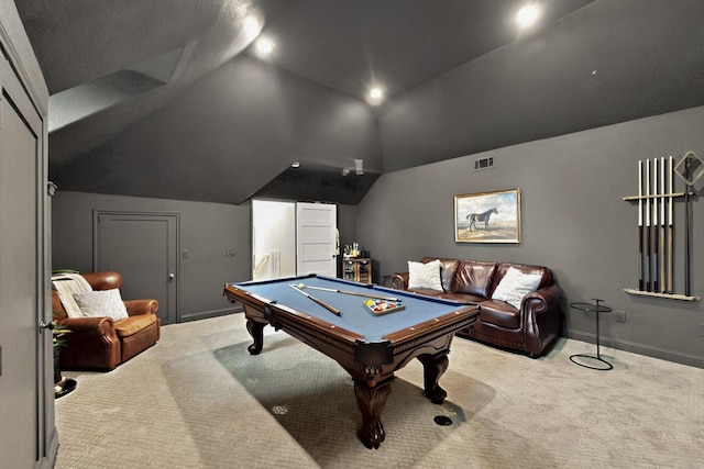 3001 Pecan Grove Ln, Celina, TX 75078 - recreation room featuring carpet flooring, vaulted ceiling, billiards, and baseboards