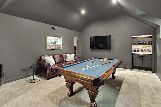 3001 Pecan Grove Ln, Celina, TX 75078 - rec room with light carpet, lofted ceiling, billiards table, and baseboards