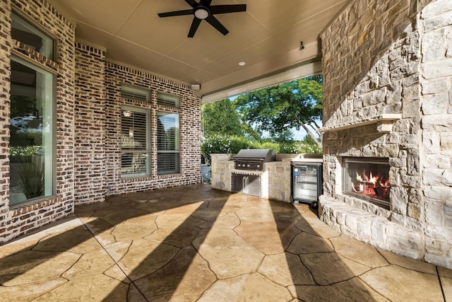 3001 Pecan Grove Ln, Celina, TX 75078 - view of patio / terrace featuring an outdoor kitchen, area for grilling, an outdoor stone fireplace, and ceiling fan