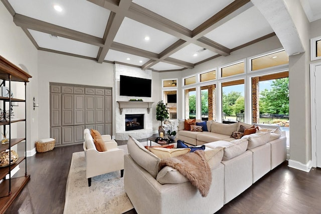 3001 Pecan Grove Ln, Celina, TX 75078 - living room with baseboards, a large fireplace, coffered ceiling, beam ceiling, and dark wood-style flooring