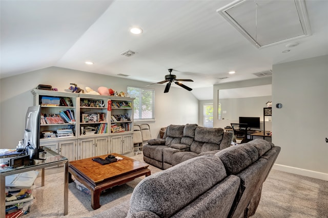 6522 Willow Ln, Dallas, TX 75230 - living room featuring attic access, lofted ceiling, a ceiling fan, light colored carpet, and recessed lighting