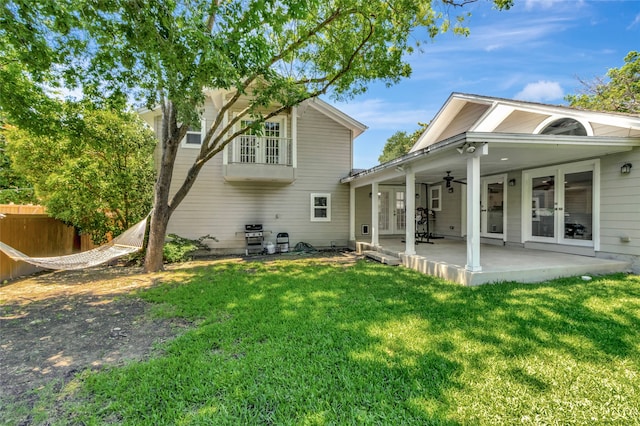 6522 Willow Ln, Dallas, TX 75230 - back of property featuring french doors, ceiling fan, and a patio