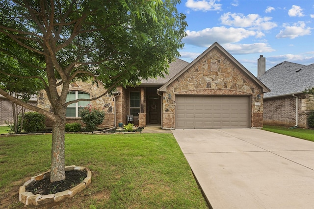 2725 Buffalo Run, Burleson, TX 76028 - view of front facade featuring stone siding, an attached garage, concrete driveway, a front yard, and a shingled roof