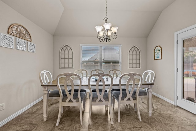 2725 Buffalo Run, Burleson, TX 76028 - dining room featuring a chandelier, lofted ceiling, and baseboards