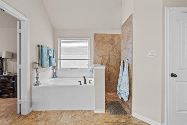 2725 Buffalo Run, Burleson, TX 76028 - bathroom featuring a garden tub, a walk in shower, and vaulted ceiling