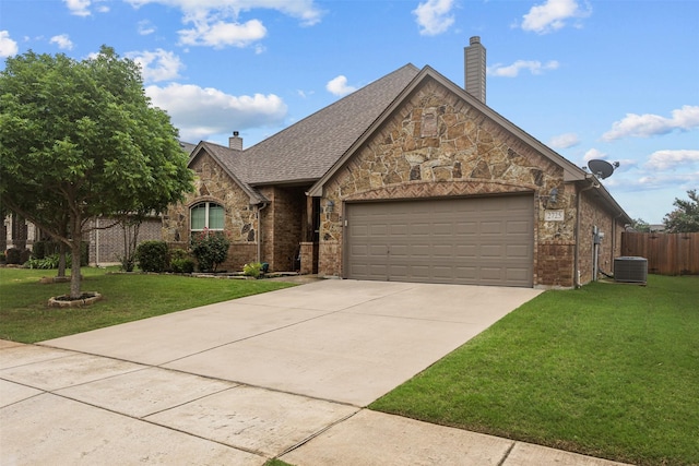 2725 Buffalo Run, Burleson, TX 76028 - view of front of home featuring a chimney, an attached garage, stone siding, and driveway