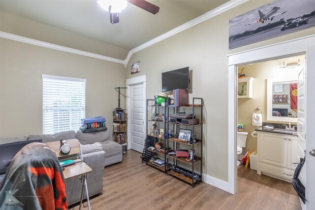 1001 Cabernet Dr, Abilene, TX 79601 - living room with ornamental molding, light wood-style flooring, a ceiling fan, and baseboards