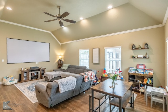 1001 Cabernet Dr, Abilene, TX 79601 - cinema room with lofted ceiling, ceiling fan, crown molding, and wood finished floors