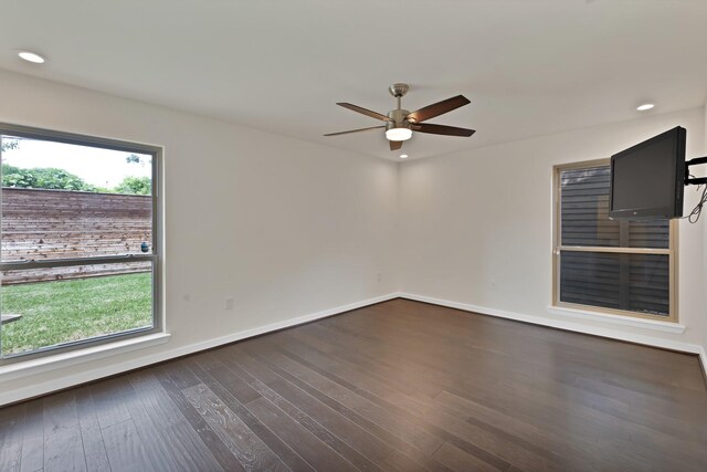 unfurnished room featuring a ceiling fan, wood finished floors, baseboards, and recessed lighting