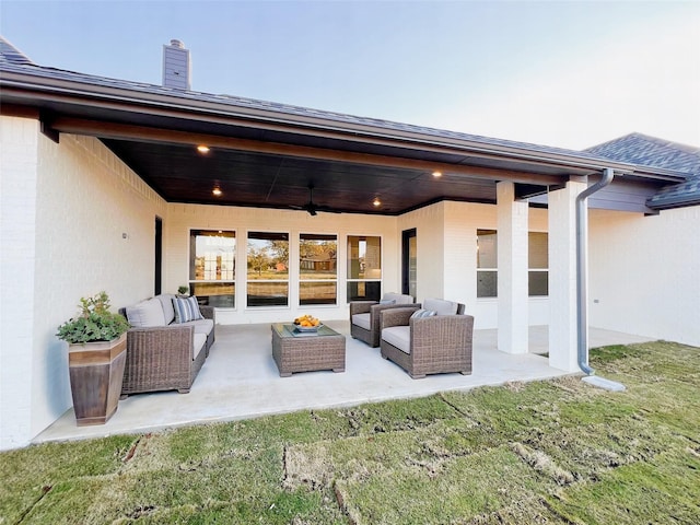 823 Wind River Pass, Azle, TX 76020 - rear view of property featuring outdoor lounge area, ceiling fan, a chimney, brick siding, and a patio area