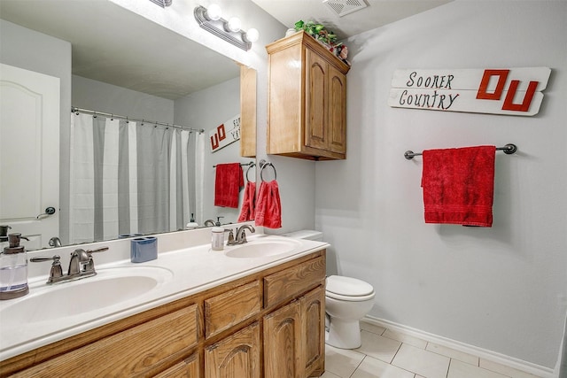 558 Ascot Way, Azle, TX 76020 - full bathroom with tile patterned flooring, toilet, double vanity, baseboards, and a shower with shower curtain