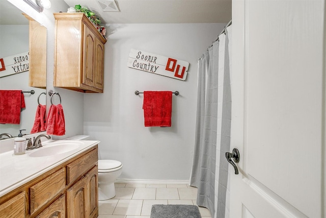 558 Ascot Way, Azle, TX 76020 - bathroom featuring tile patterned flooring, toilet, vanity, baseboards, and curtained shower