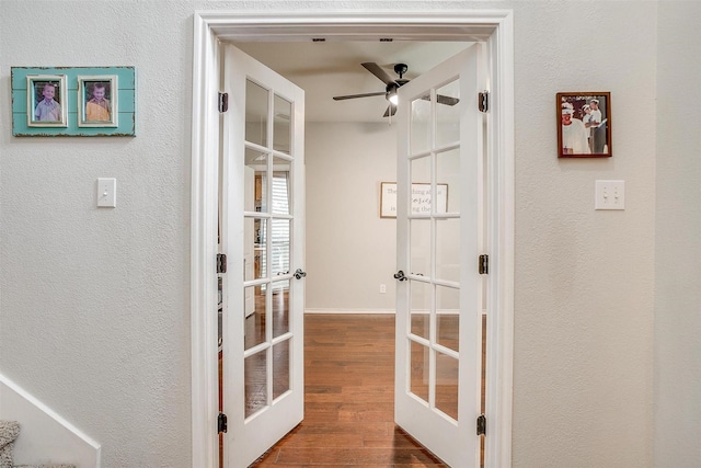 558 Ascot Way, Azle, TX 76020 - doorway with french doors, a ceiling fan, wood finished floors, and a textured wall