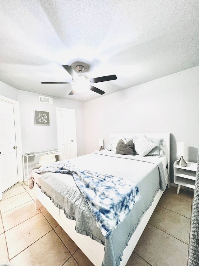bedroom with a textured ceiling and ceiling fan