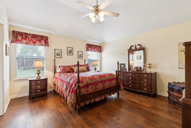 2377 Sunshine Dr, Little Elm, TX 75068 - bedroom with multiple windows, hardwood / wood-style flooring, baseboards, vaulted ceiling, and a ceiling fan