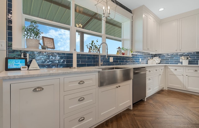 5050 Helton Rd, Justin, TX 76247 - kitchen with stainless steel dishwasher, decorative backsplash, white cabinetry, recessed lighting, and light stone countertops