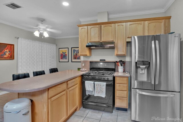 kitchen featuring stainless steel fridge, black gas range oven, a peninsula, light brown cabinets, and crown molding