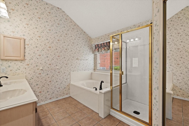 2617 Jacques Ln, Mckinney, TX 75070 - full bath featuring lofted ceiling, wallpapered walls, tile patterned floors, baseboards, and a shower stall