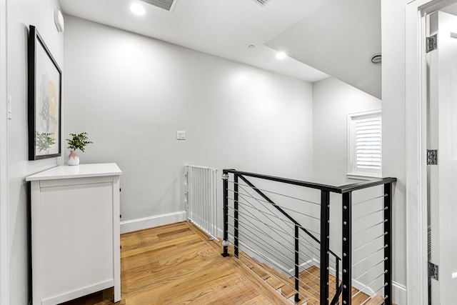 3420 Rosedale Ave Unit 6, University Park, TX 75205 - corridor with an upstairs landing, baseboards, recessed lighting, and light wood-style flooring