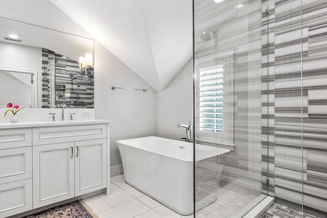 3420 Rosedale Ave Unit 6, University Park, TX 75205 - full bathroom featuring a stall shower, tile patterned flooring, vanity, a soaking tub, and vaulted ceiling