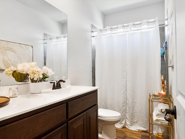 1111 Burlingame Dr, Cleburne, TX 76033 - full bathroom featuring wood finished floors, vanity, toilet, and a shower with curtain