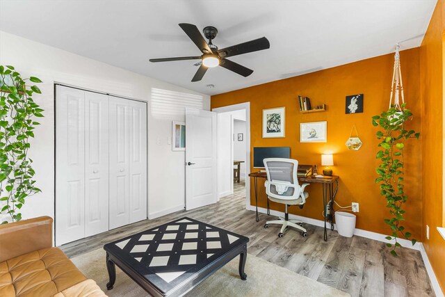 909 N 30th St, Waco, TX 76707 - office space with ceiling fan, wood finished floors, and baseboards