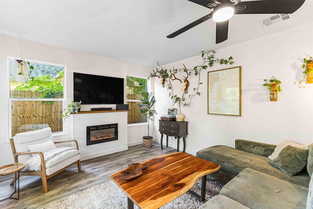 909 N 30th St, Waco, TX 76707 - living area with wood finished floors, a ceiling fan, and a glass covered fireplace