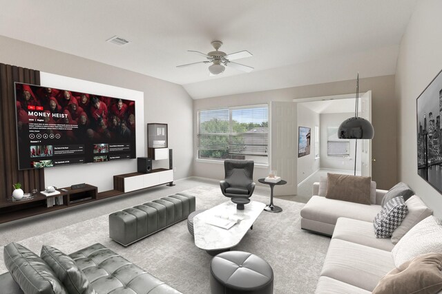 310 Greenleaf Ct, Allen, TX 75002 - living area featuring carpet floors, ceiling fan, lofted ceiling, and baseboards