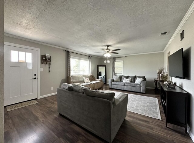 living area with a textured ceiling, ornamental molding, plenty of natural light, ceiling fan, and dark wood finished floors