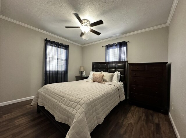 bedroom with dark wood finished floors, baseboards, crown molding, a textured ceiling, and a ceiling fan