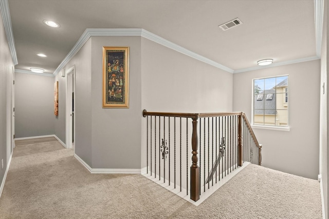 7208 Majestic Mnr, Colleyville, TX 76034 - hallway with an upstairs landing, carpet, recessed lighting, crown molding, and baseboards