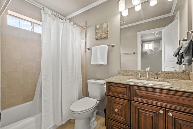 7208 Majestic Mnr, Colleyville, TX 76034 - bathroom with toilet, crown molding, vanity, and shower / tub combo