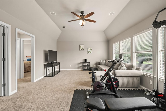 7208 Majestic Mnr, Colleyville, TX 76034 - exercise room with a ceiling fan, carpet, vaulted ceiling, and baseboards