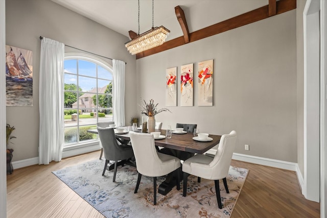 7208 Majestic Mnr, Colleyville, TX 76034 - dining space featuring baseboards, light wood finished floors, a chandelier, and beamed ceiling