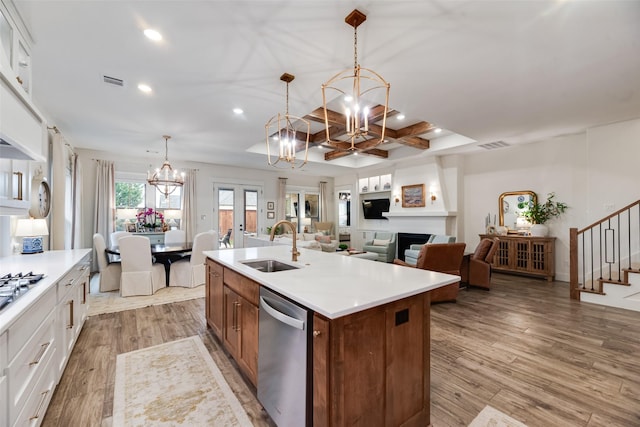 2218 Somercrest Pl, Midlothian, TX 76065 - kitchen featuring a chandelier, stainless steel appliances, recessed lighting, a sink, and light wood-style flooring