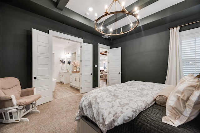 2218 Somercrest Pl, Midlothian, TX 76065 - bedroom with a chandelier, light carpet, and ensuite bath