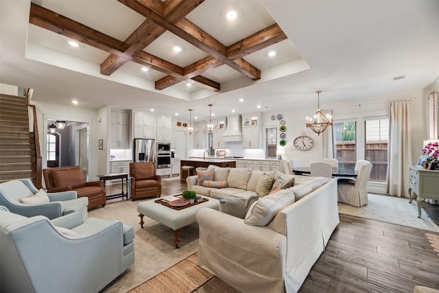 2218 Somercrest Pl, Midlothian, TX 76065 - living room with a chandelier, coffered ceiling, beamed ceiling, stairs, and recessed lighting