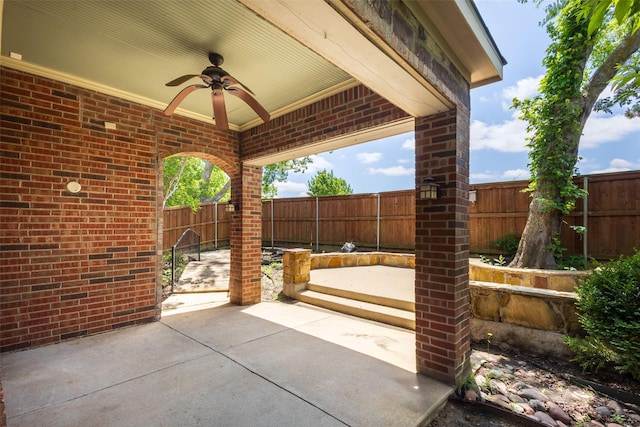 view of patio / terrace with ceiling fan and a fenced backyard